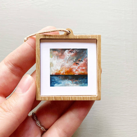 Mini 1" Ocean Sunset Sea Birds Tiny Watercolor Landscape