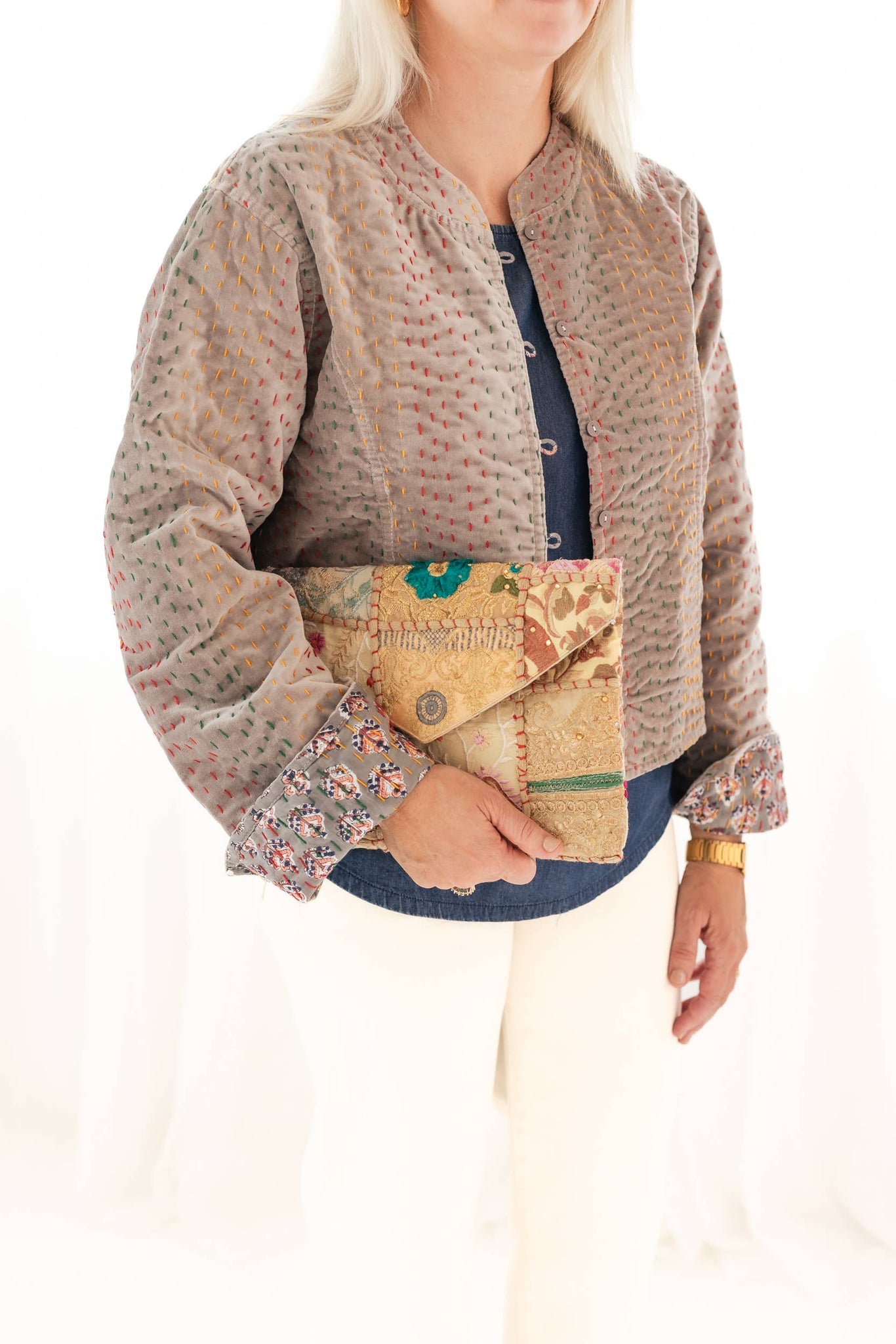 Gray Velvet & Block Print Kantha Jacket