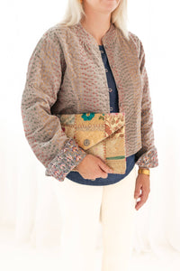 Gray Velvet & Block Print Kantha Jacket