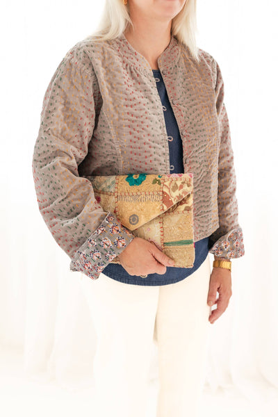 Gray Velvet & Block Print Kantha Jacket