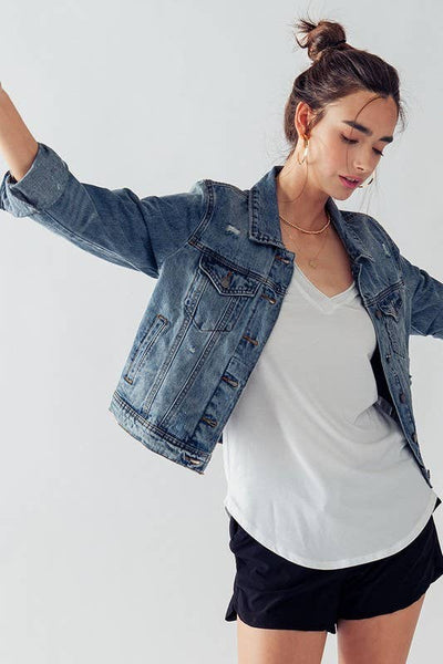 VINTAGE WASHED CROP DENIM TRUCKER JACKET