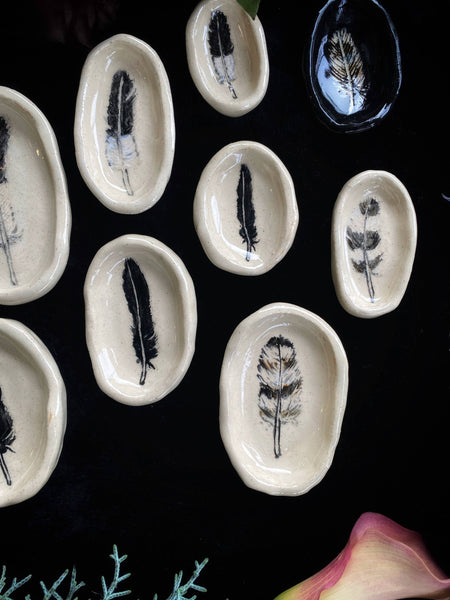 Multi-Color Sgraffito Feather Ceramic Ritual Dish