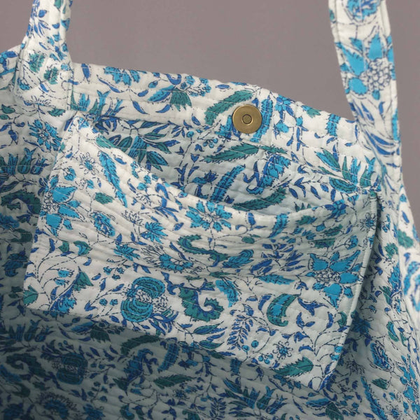 Cotton Quilted Large TOTE - White Blue Floral