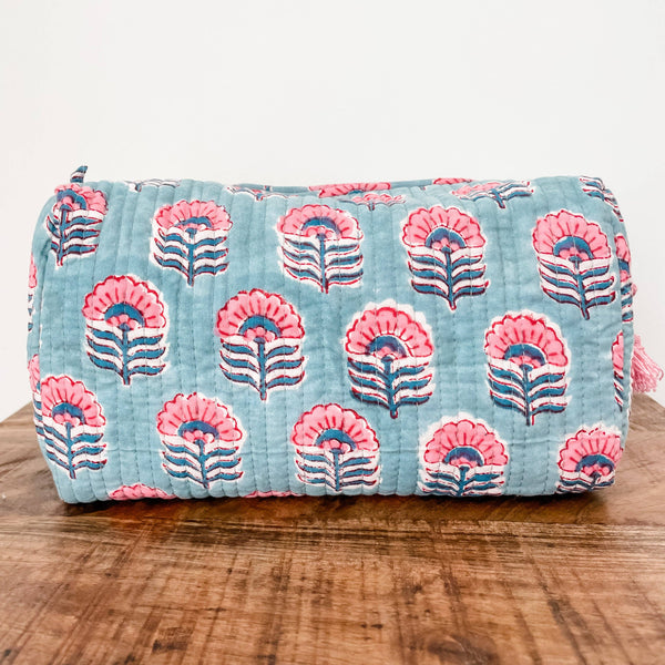 Light Blue Floral Block Print Pouch