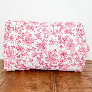 Pink and White Floral Block Print Pouch