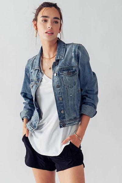 VINTAGE WASHED CROP DENIM TRUCKER JACKET