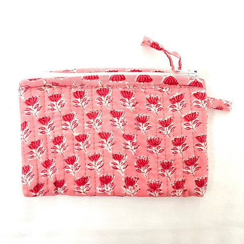 Pink Floral Block Print Mini Pouch