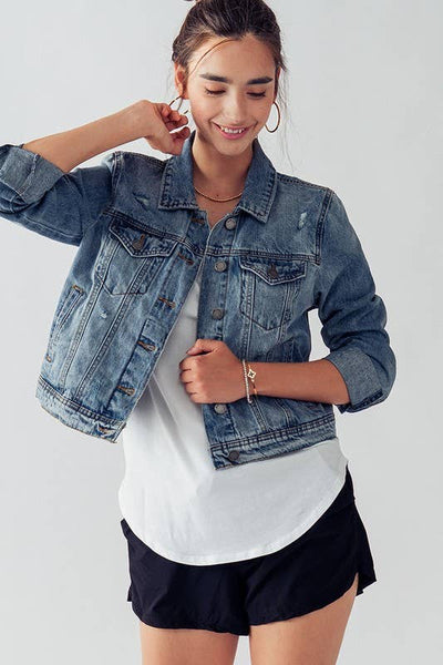 VINTAGE WASHED CROP DENIM TRUCKER JACKET