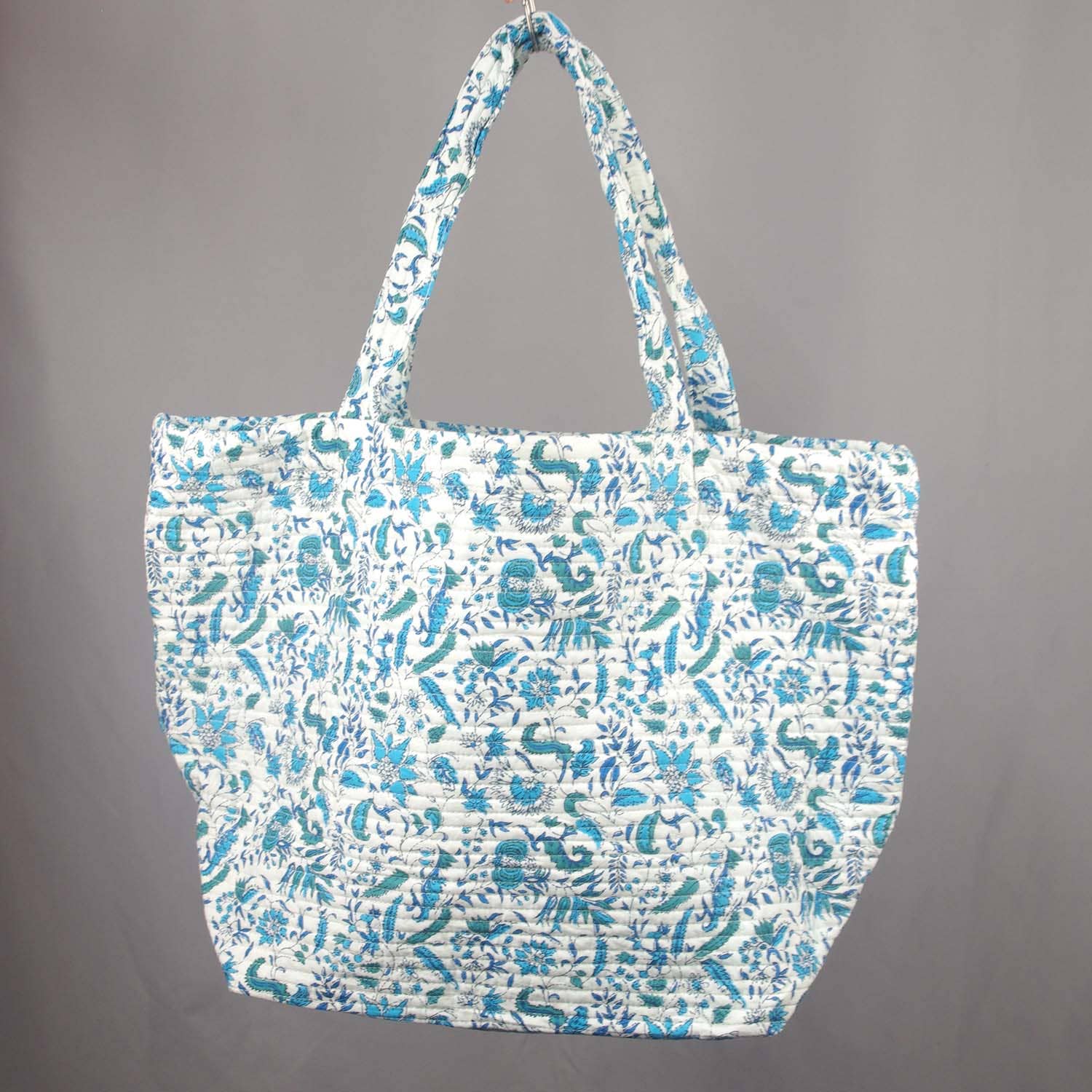 Cotton Quilted Large TOTE - White Blue Floral