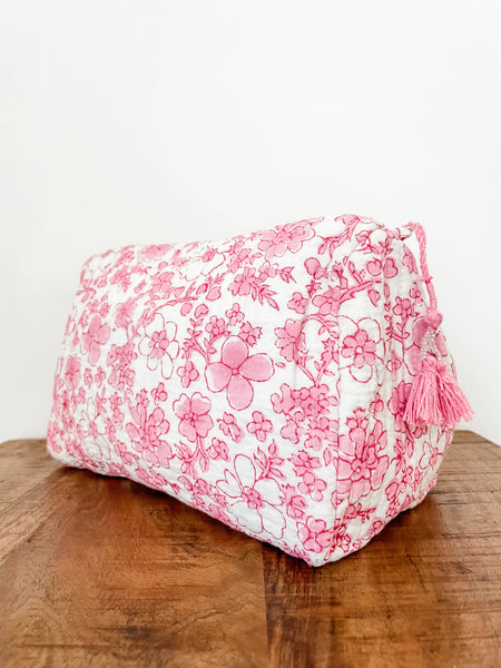 Pink and White Floral Block Print Pouch