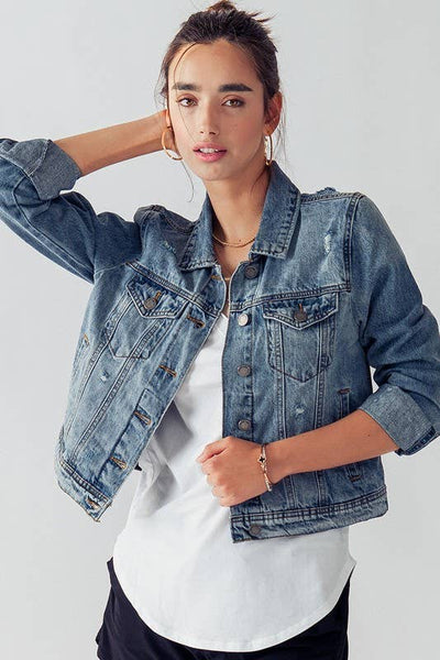 VINTAGE WASHED CROP DENIM TRUCKER JACKET