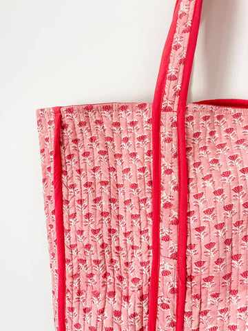 Pink Floral Block Print Tote Bag