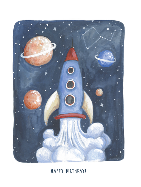 Rocket ship Space Kid Birthday Greeting Card