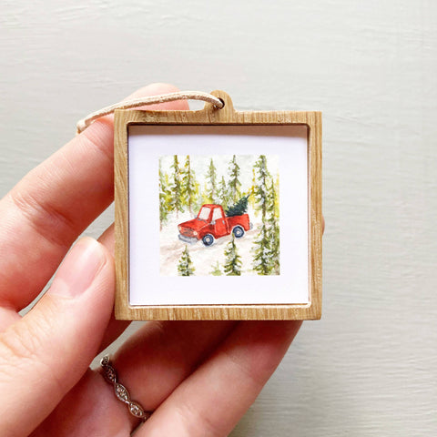 Mini 1" Christmas Tree Red Truck Watercolor Print