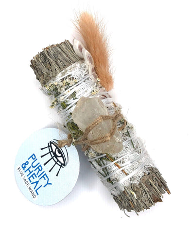 "PURIFY & HEAL"  Blue Sage Smudge Stick + Girasol Opal - 4"