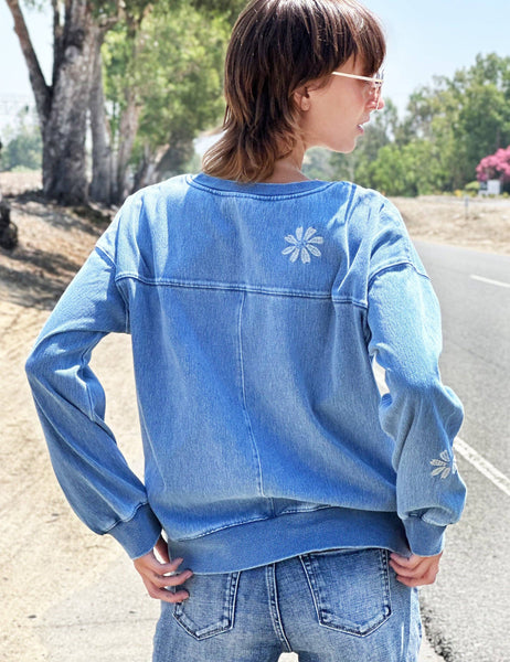 Denim Daisy Emb Sweatshirt