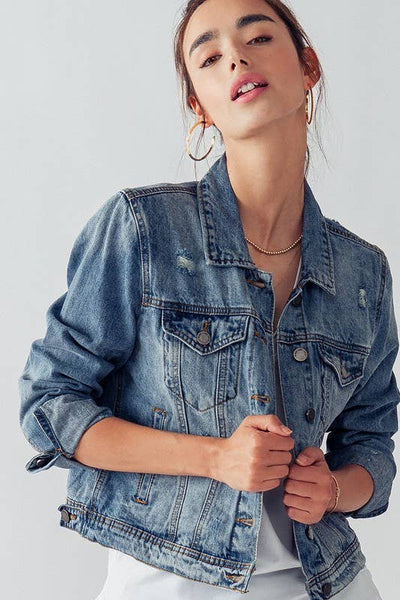 VINTAGE WASHED CROP DENIM TRUCKER JACKET