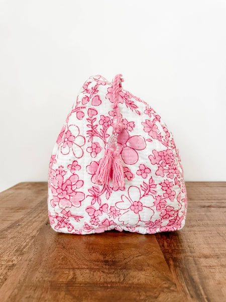 Pink and White Floral Block Print Pouch