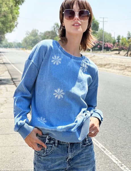 Denim Daisy Emb Sweatshirt