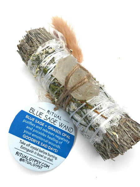 "PURIFY & HEAL"  Blue Sage Smudge Stick + Girasol Opal - 4"