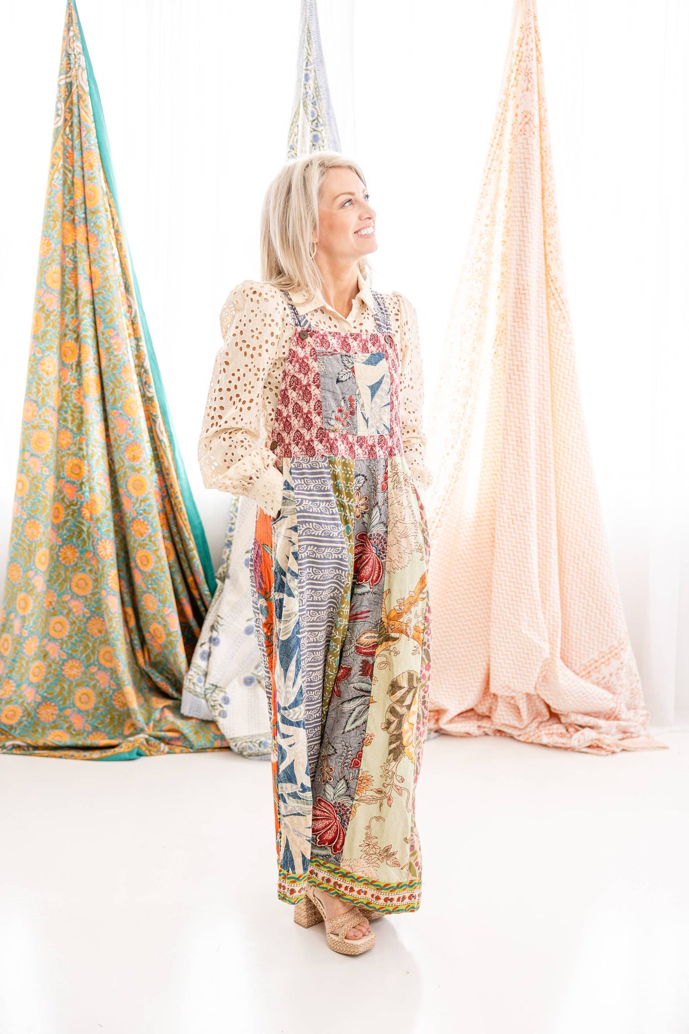 Botanical Motif Patchwork Printed Overalls