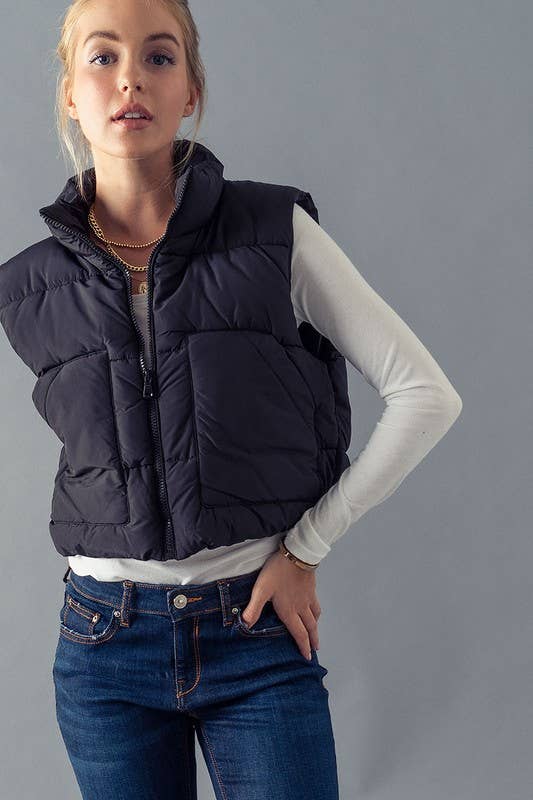 STAND COLLAR  QUILT CROPPED PUFFER VEST