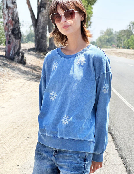 Denim Daisy Emb Sweatshirt